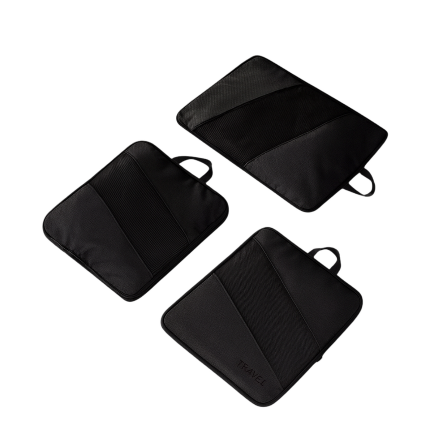 3 black packing cubes lying flat