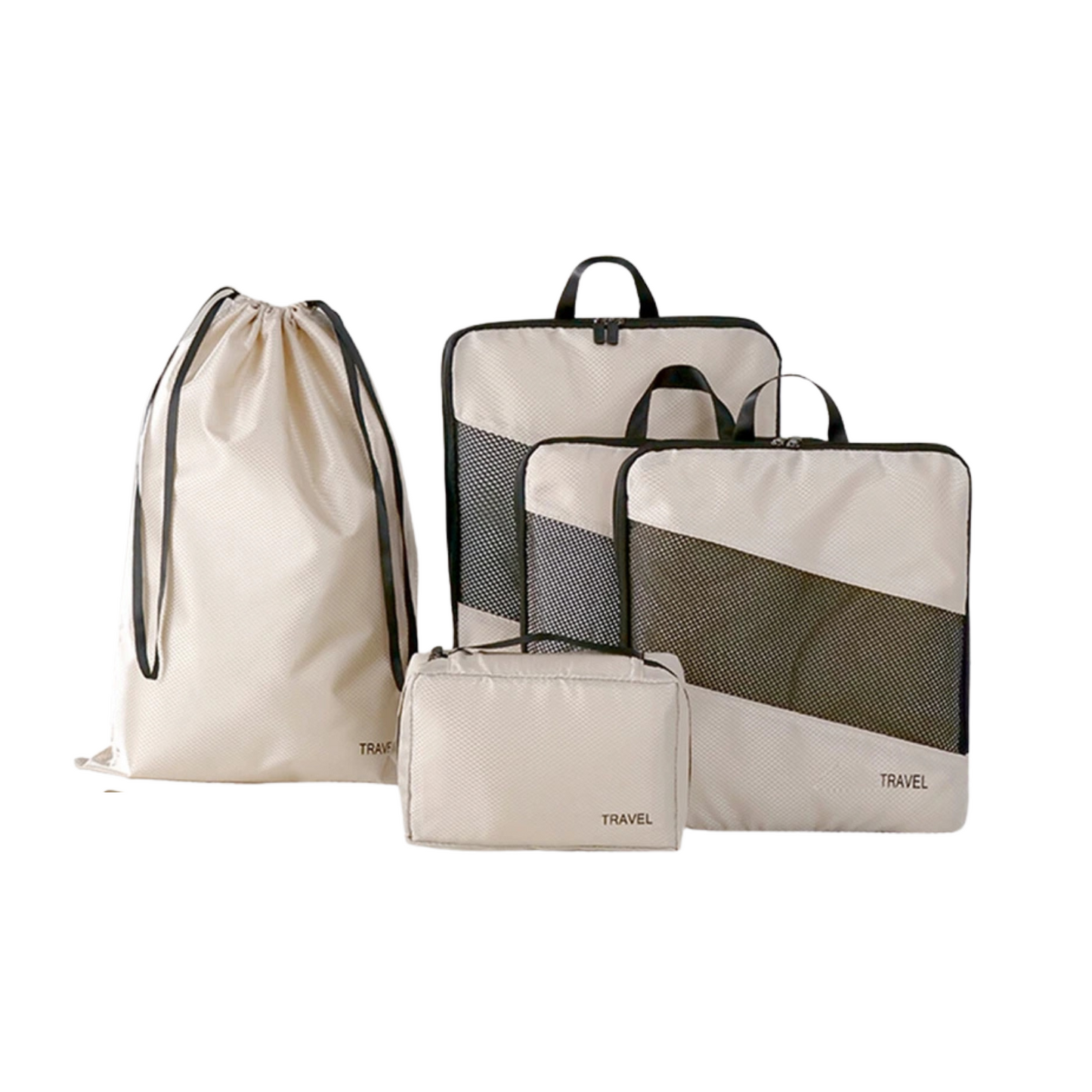 Five Beige Packing Cubes Standing Upright