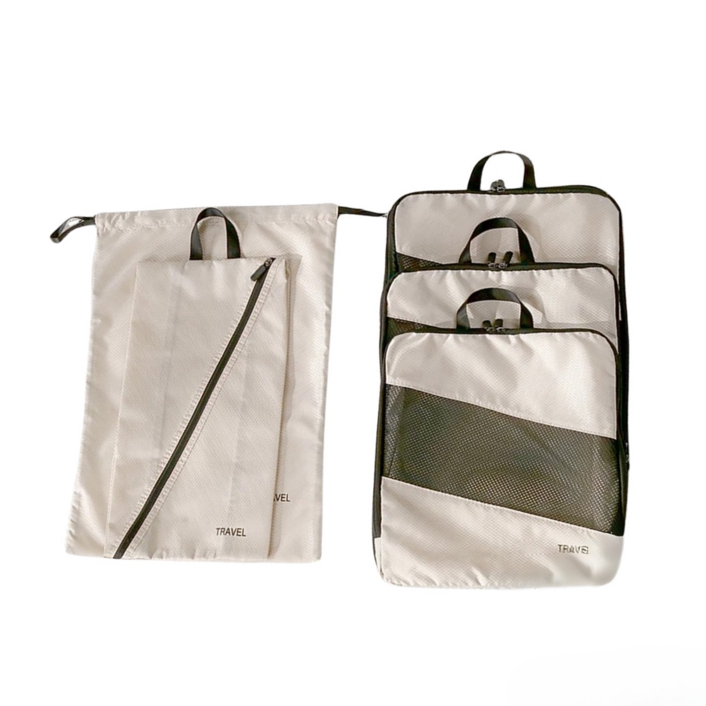 Beige packing cube set lying flat