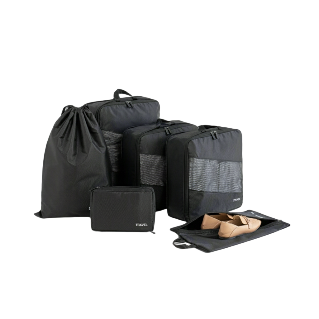 6 piece black set of packing cubes for backpacking travelers.