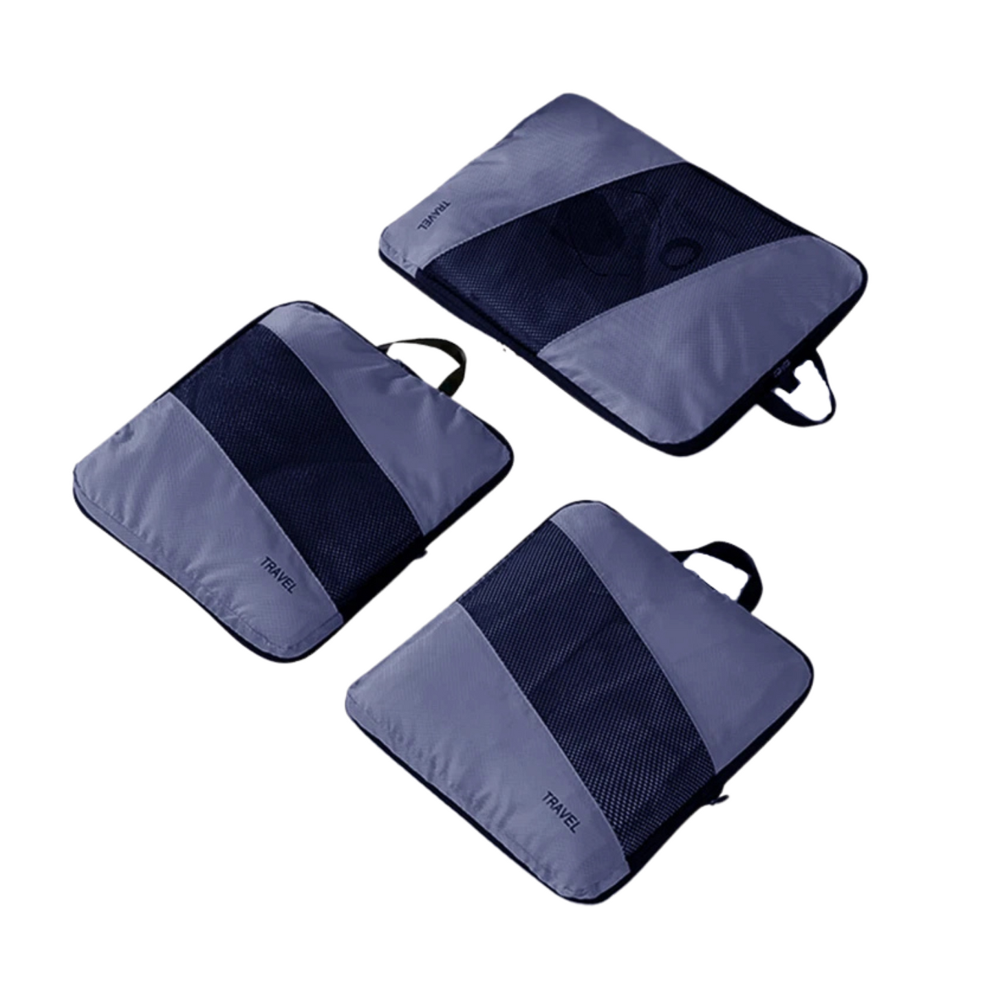 Three large purple packing cubes layed flat