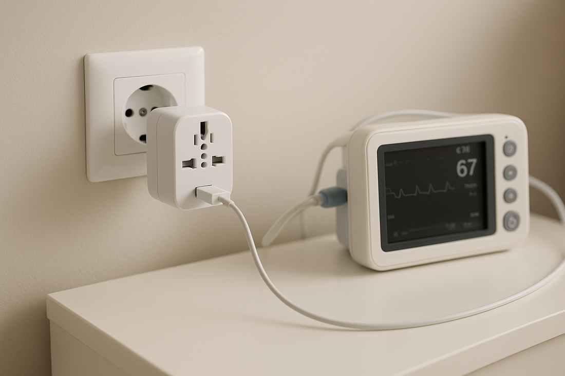 Is it safe to use a universal adapter with medical devices while abroad?