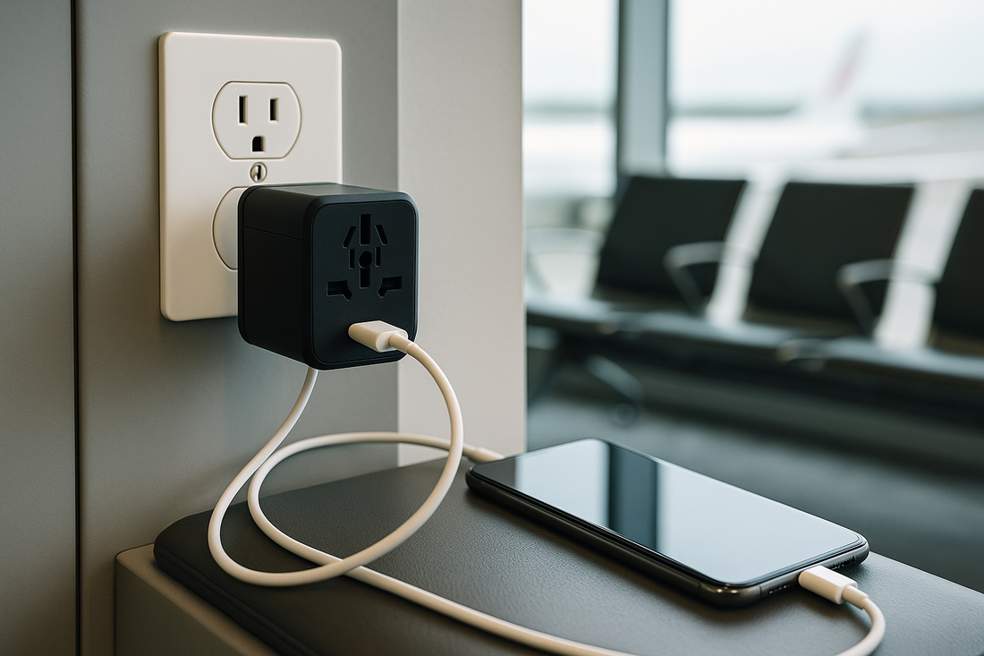 Can universal adapters be used in airport charging stations?