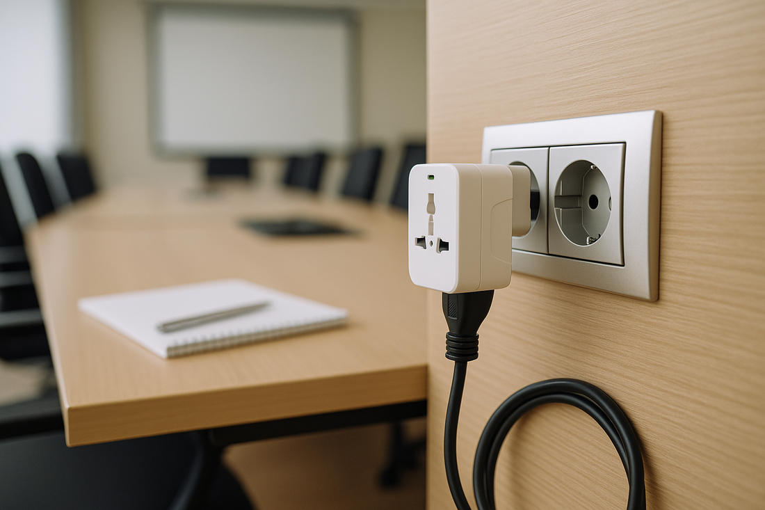 Can universal adapters be used in hotel conference rooms?