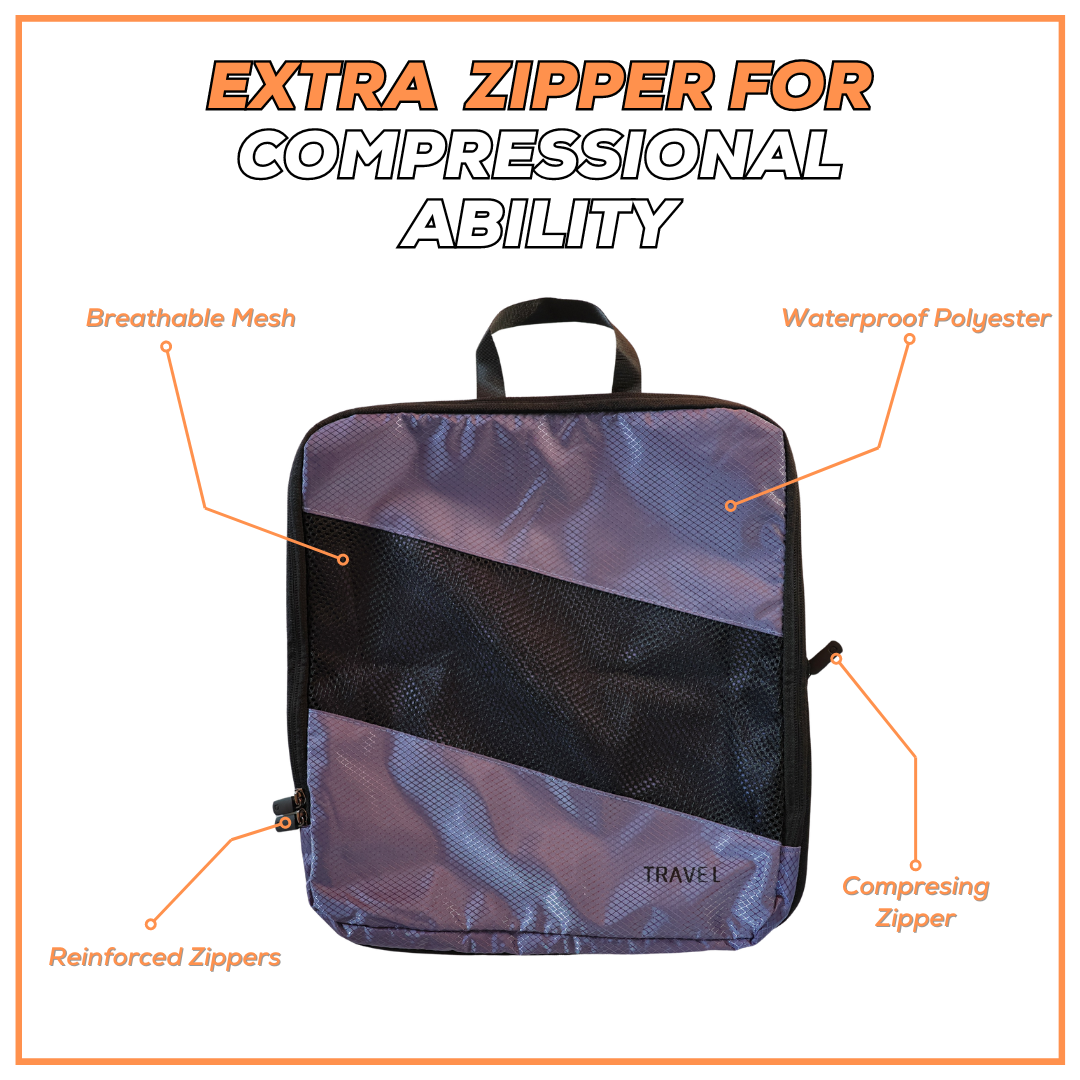 Double zippered packing cubes with compressional ability, color purple.