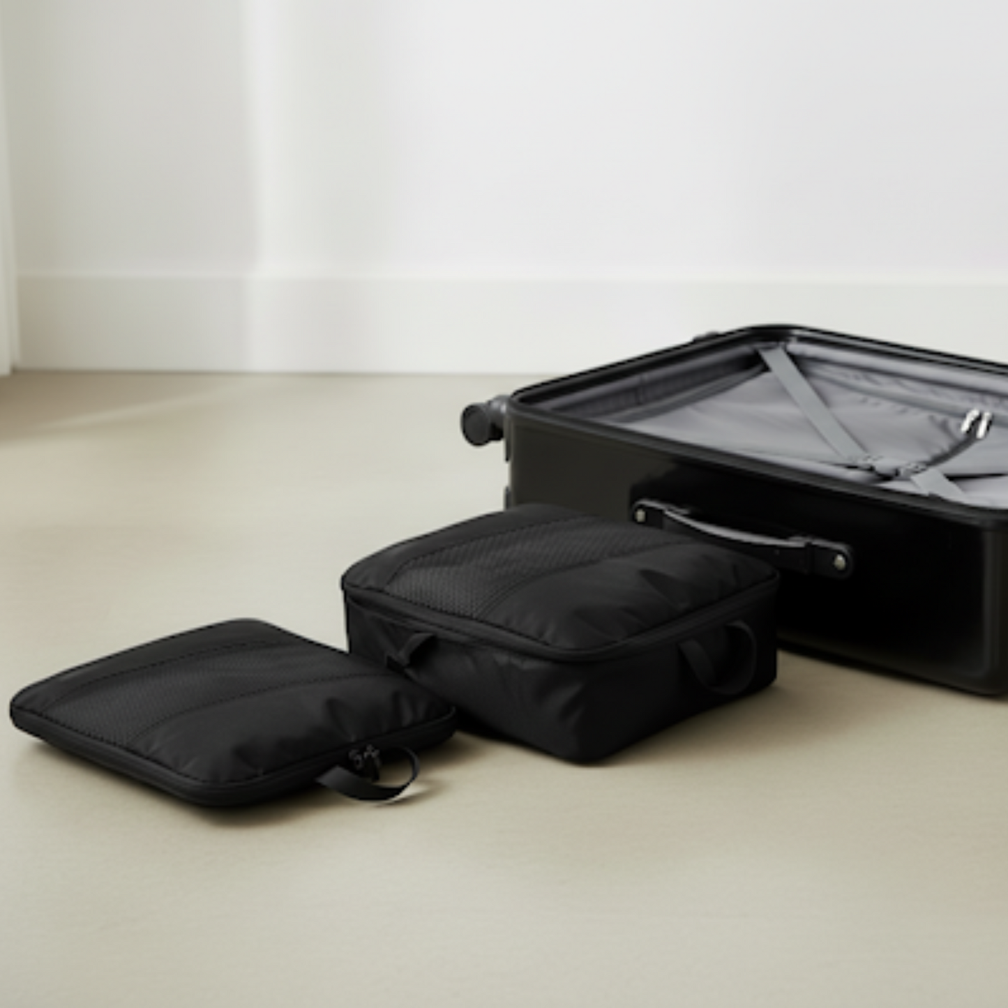 2 black packing cubes next to a suitcase