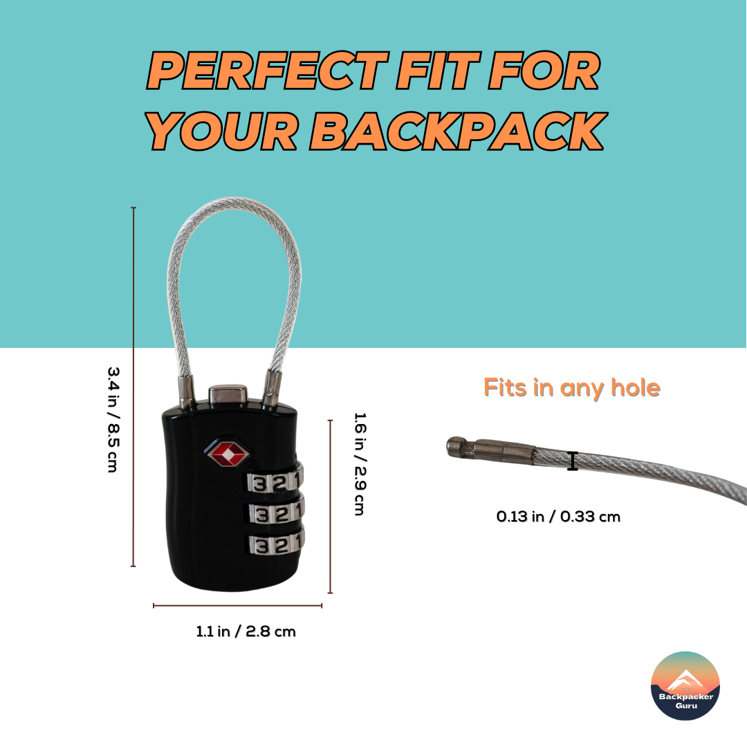 The size guide of a small backpack luggage lock for travelers.