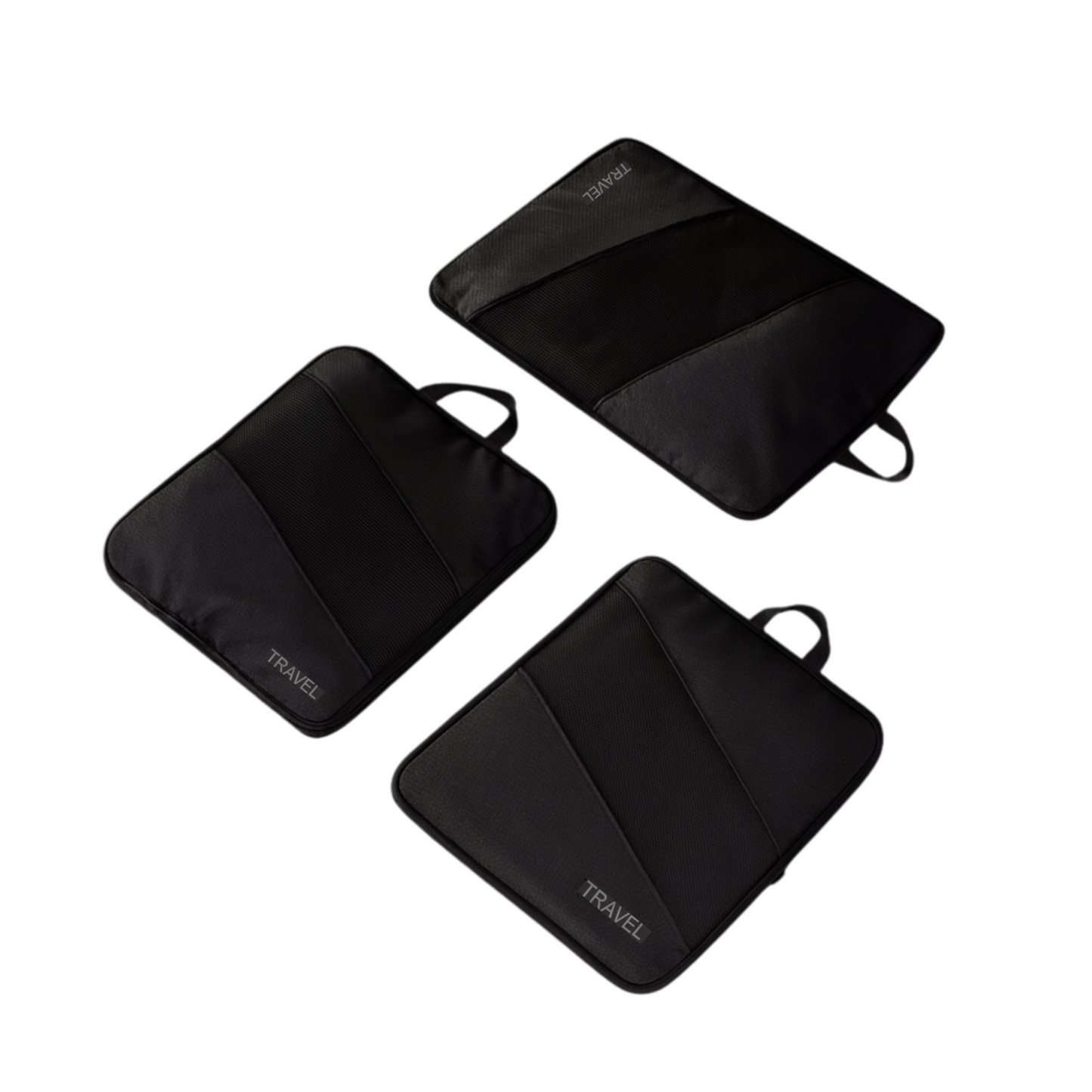 3 black packing cubes lying flat