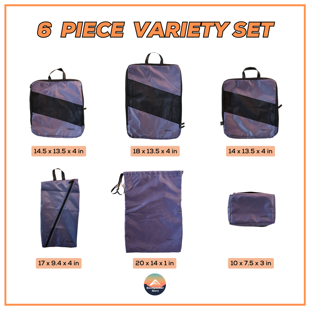 6 piece variety packing cube set for backpacking travelers.