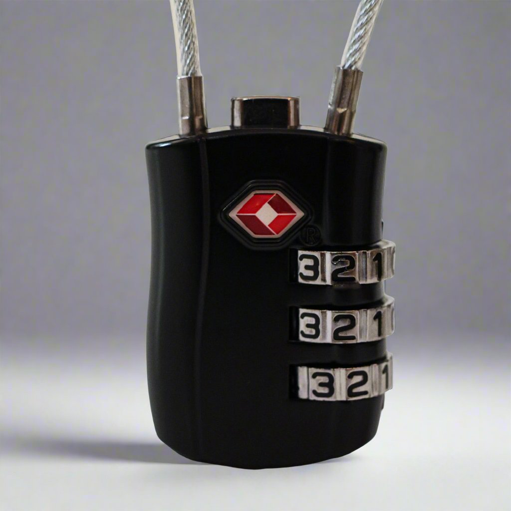 Up close image of a black luggage backpack lock for travelers.