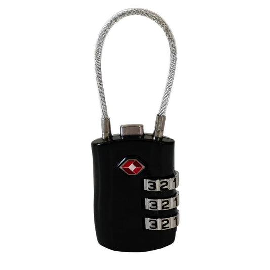 Black luggage lock for backpacking travelers.