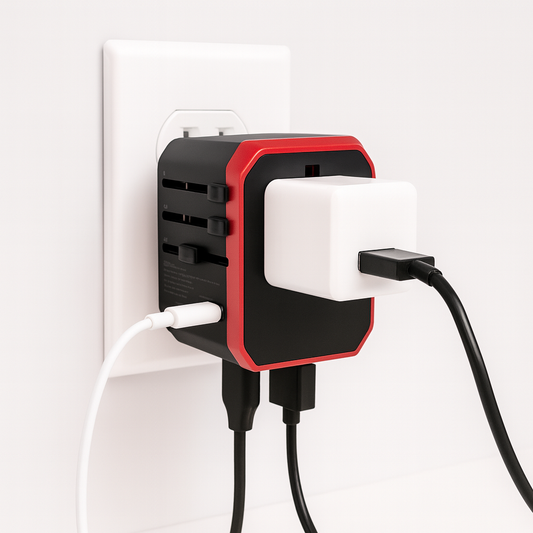 Red and black universal adapter plugged into the wall