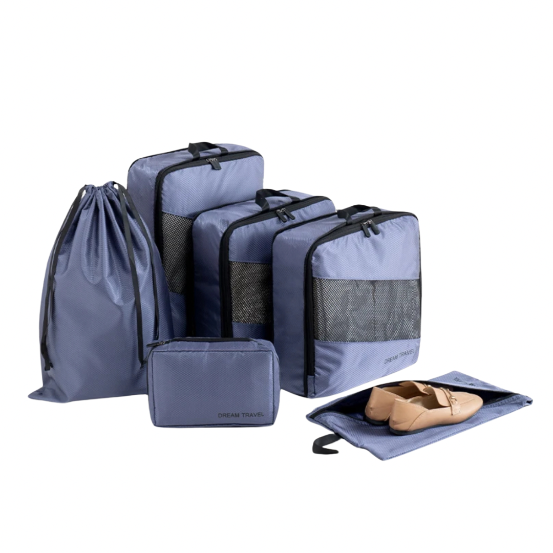 6 piece purple set of packing cubes for backpacking travelers.