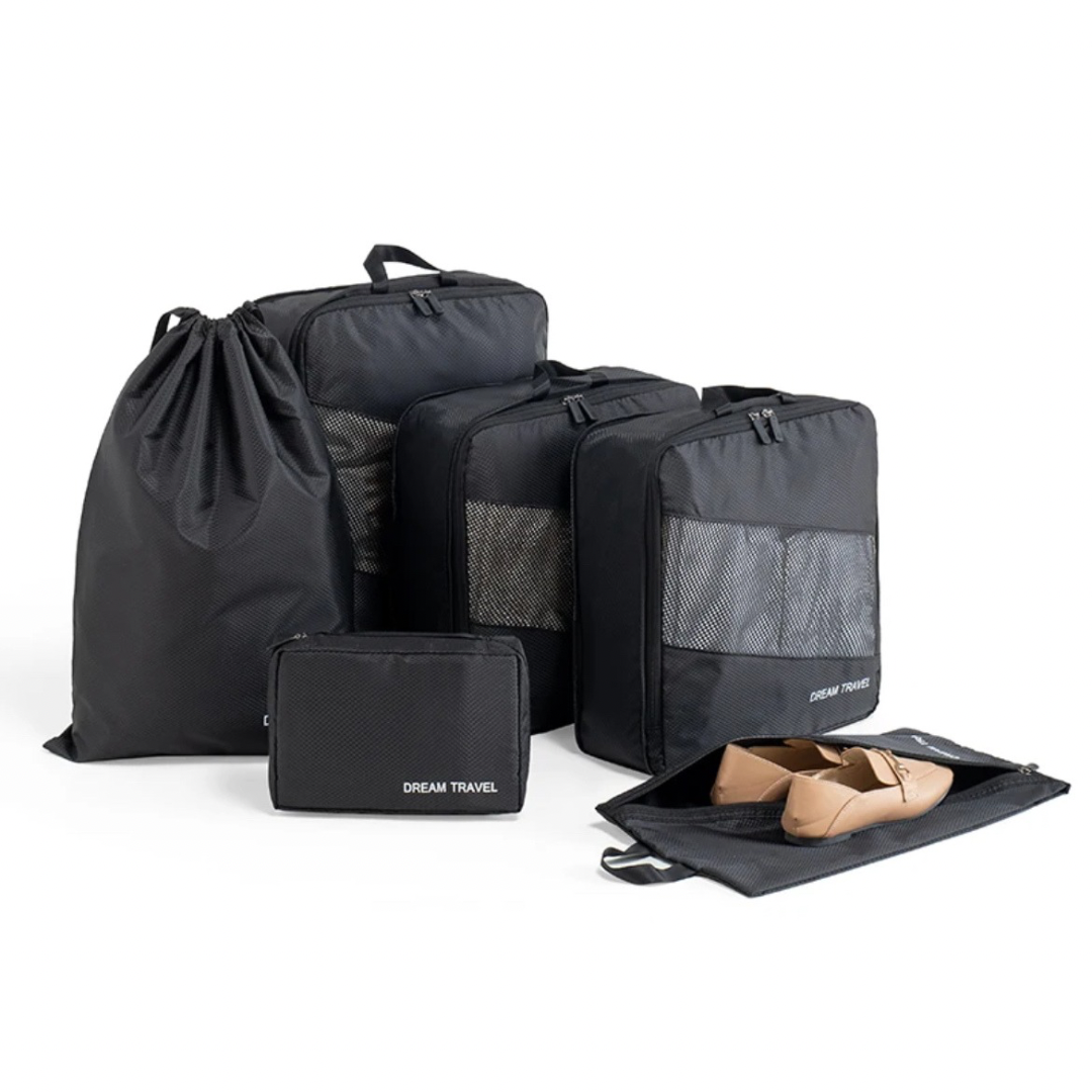 6 piece black set of packing cubes for backpacking travelers.