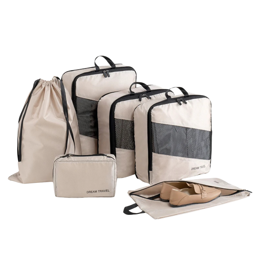 6 piece beige set of packing cubes for backpacking travelers.