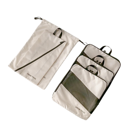 5 piece beige set of packing cubes for backpacking travelers.