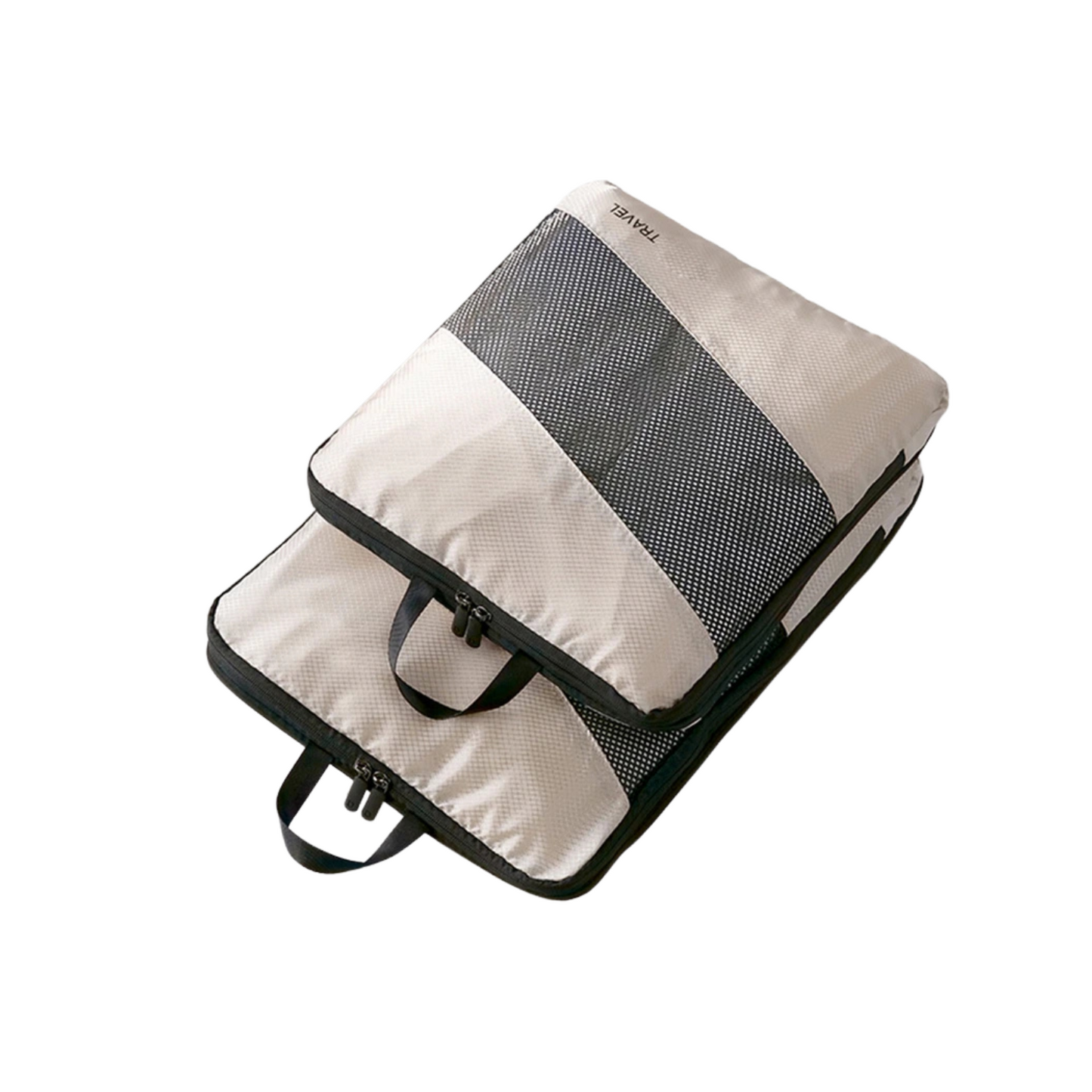 Two beige packing cubes lying flat