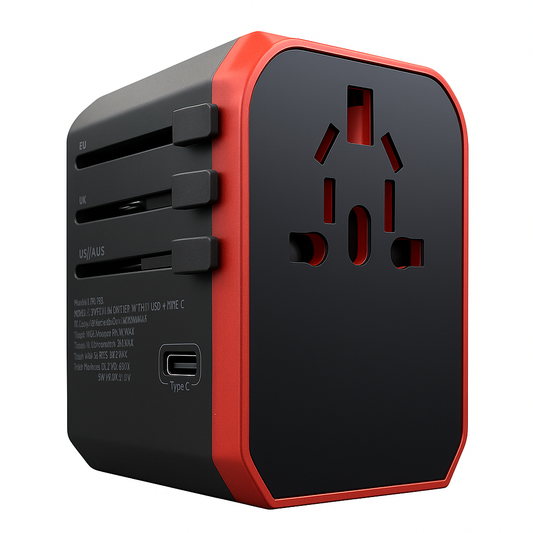 Black and red universal adapter close up