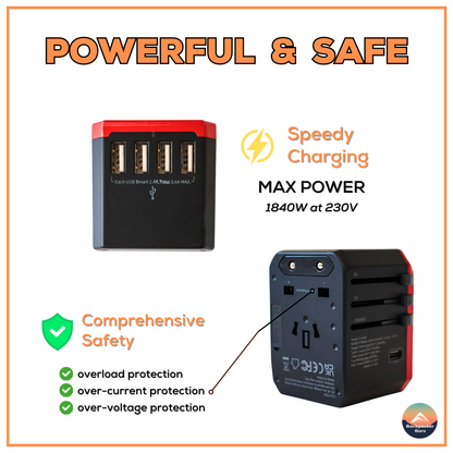 Safe and powerful universal adaptor for frequent travelers.