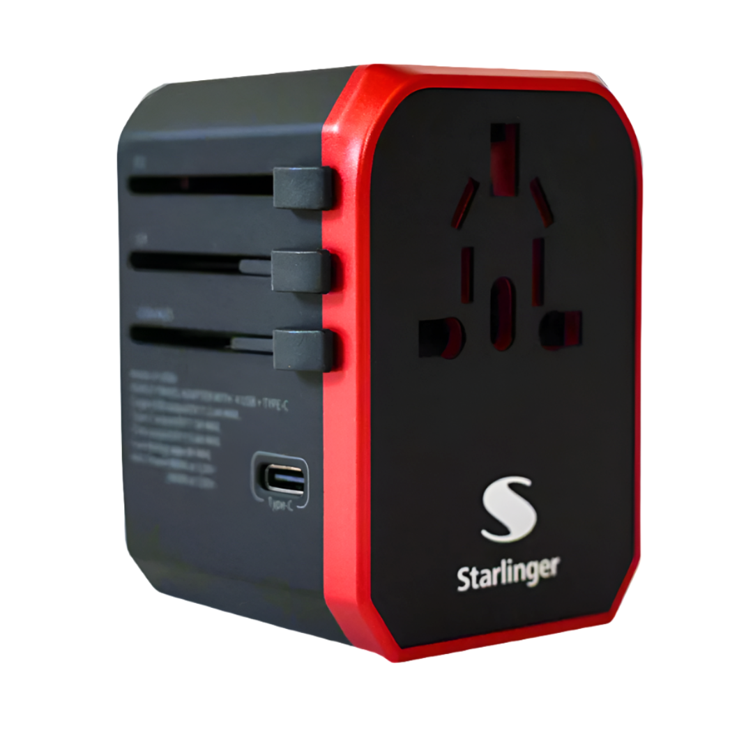 Red and black universal adaptor for backpacking travelers.